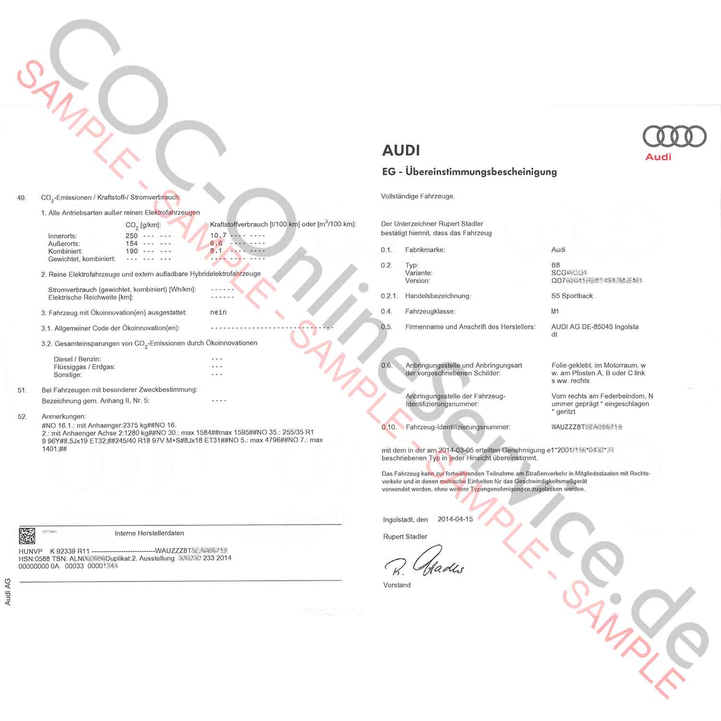COC document for Audi (Certificate of Conformity)