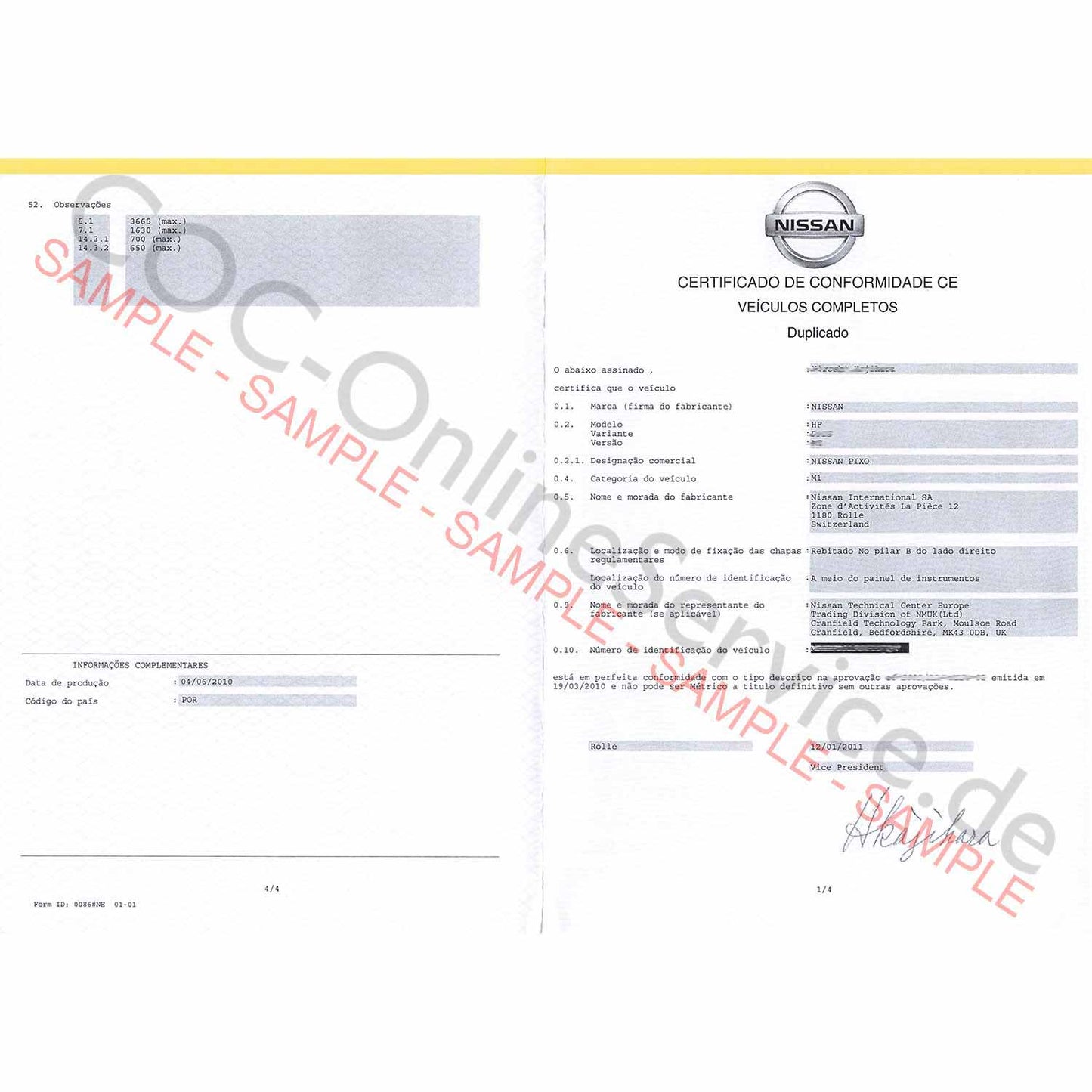 COC Documents for Nissan (Certificate of Conformity)