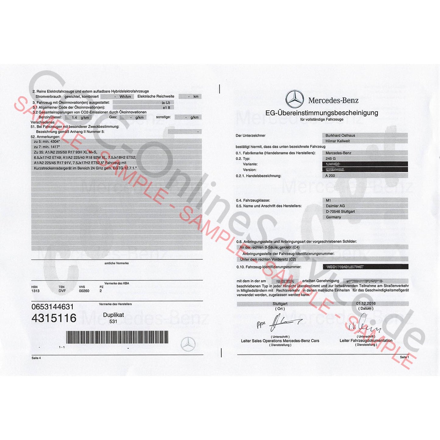 COC paper for Mercedes-Benz (Certificate of Conformity)