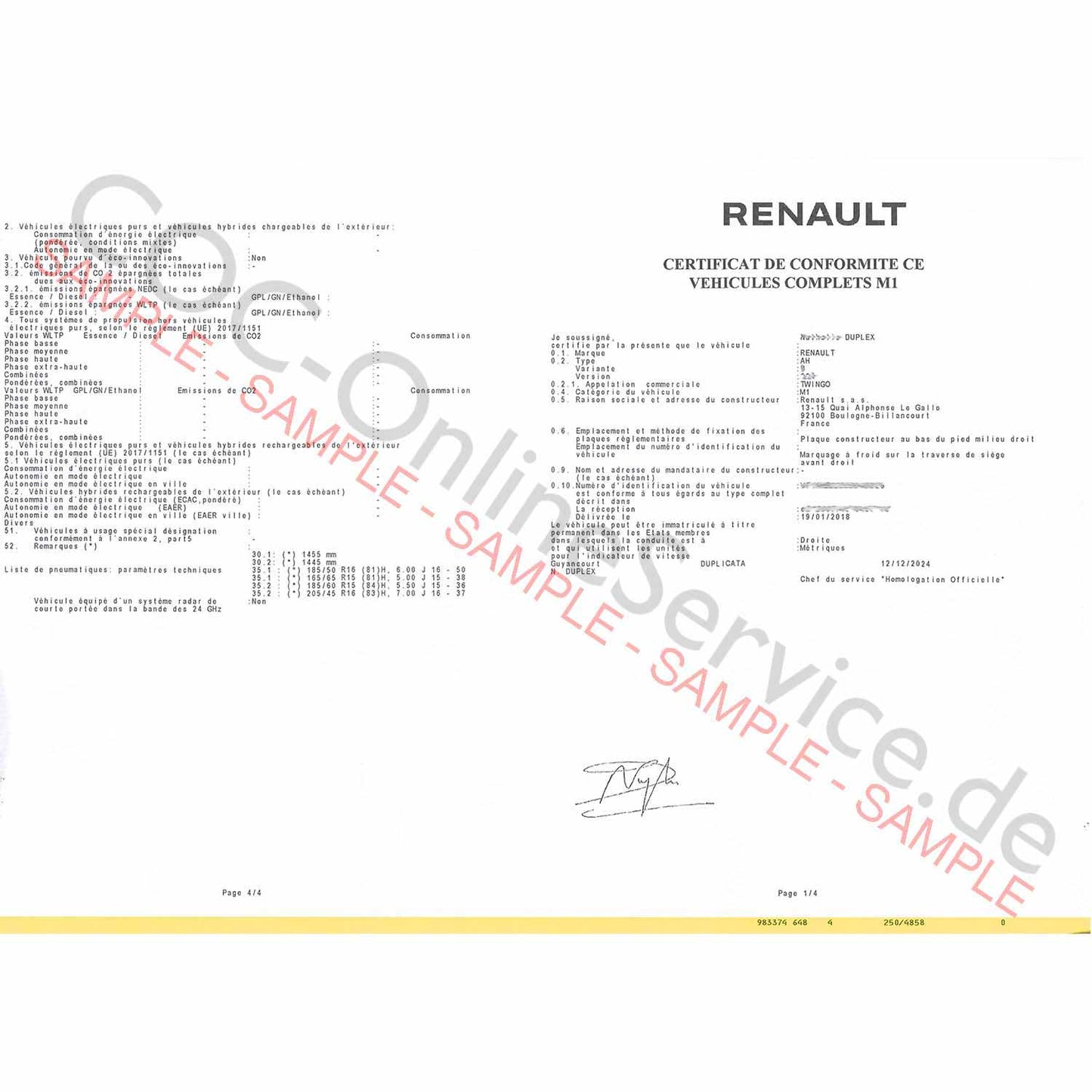 COC-documenten voor Renault (Certificate of Conformity)