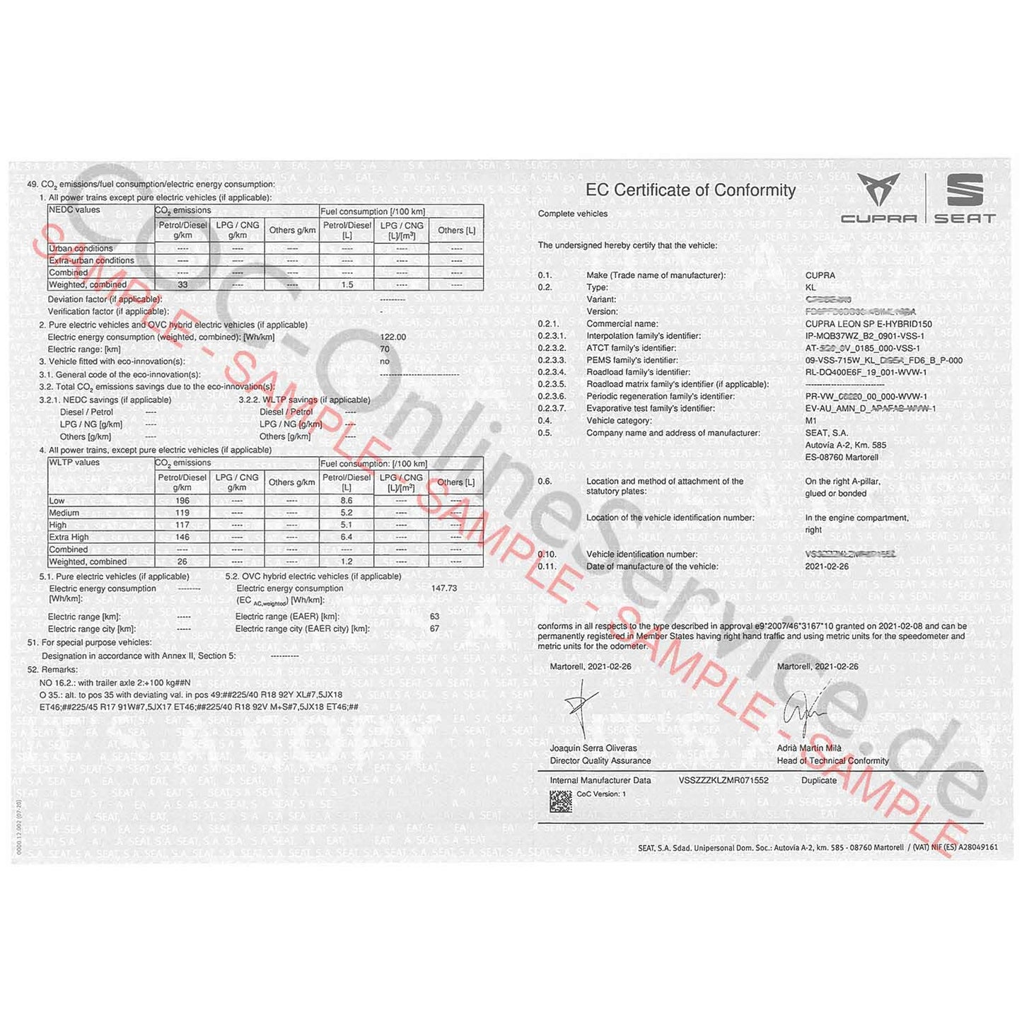 COC-papieren voor SEAT (Certificate of Conformity)