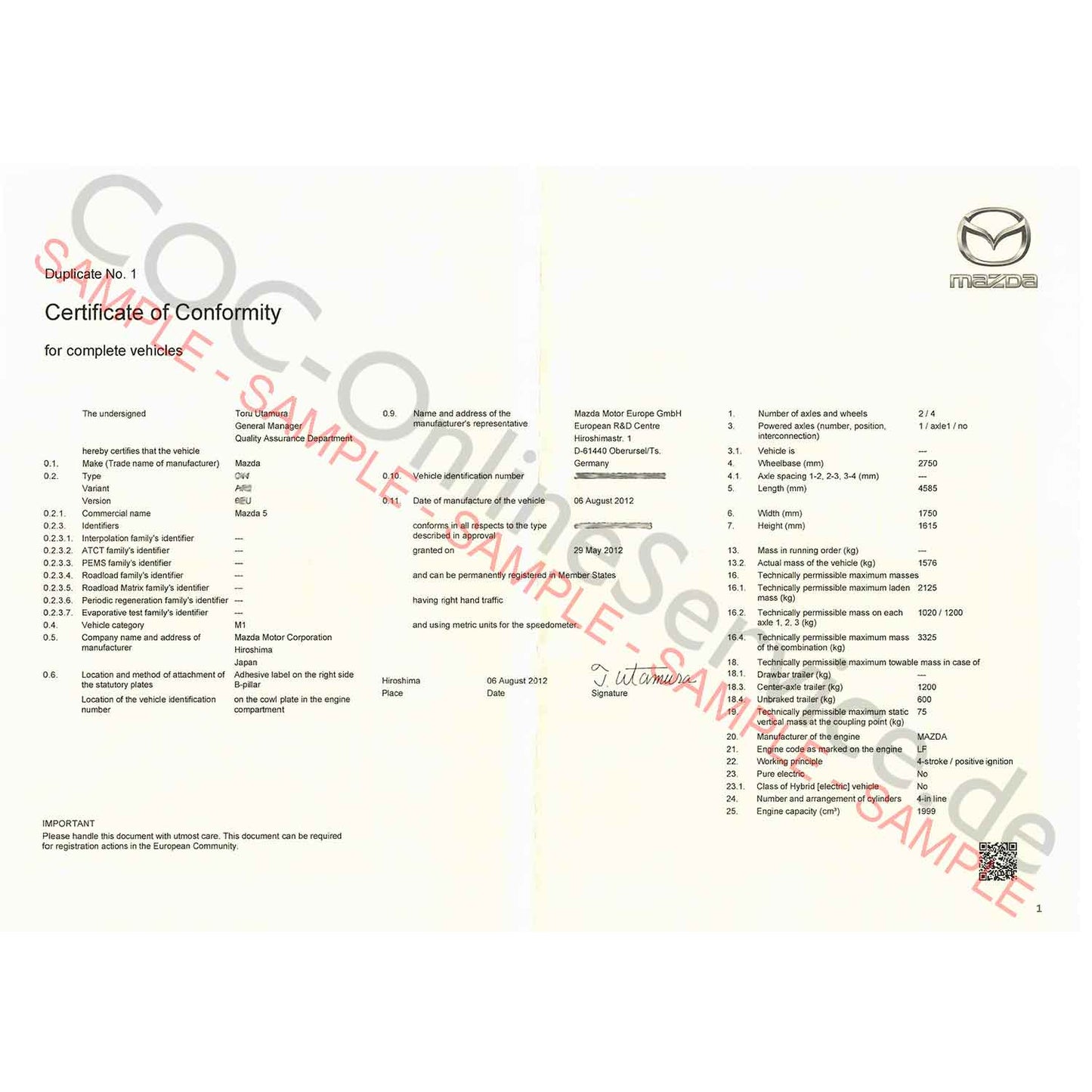 COC-documenten voor Mazda (Certificate of Conformity)